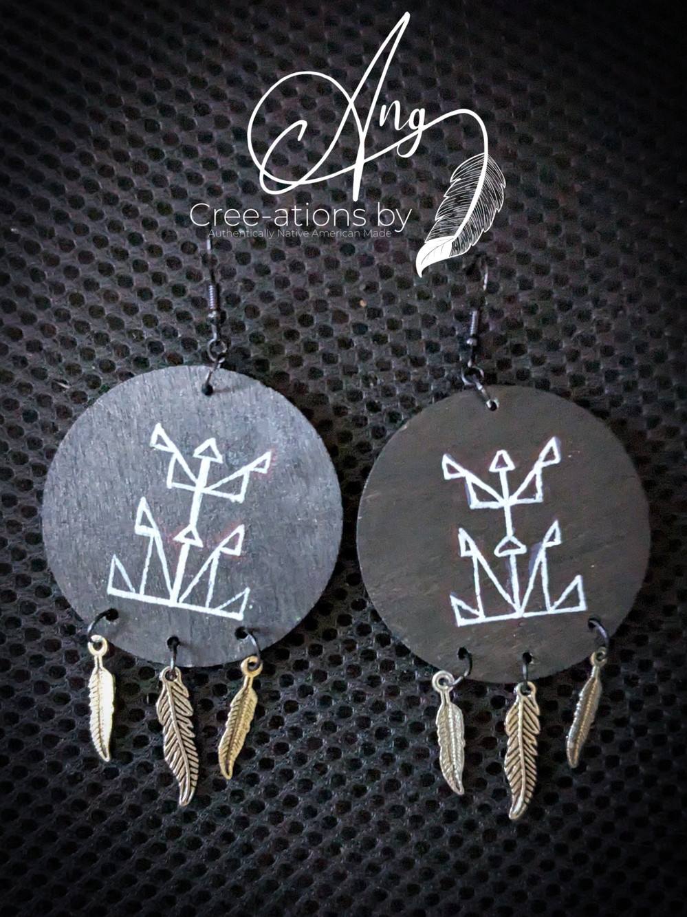 Plains Native American Tribe Design Black Round Wood Earrings With Feathers